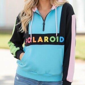 Polaroid Retro Colorblock Half-Zip Fleece Hoodie – Multicolor Streetwear Size S